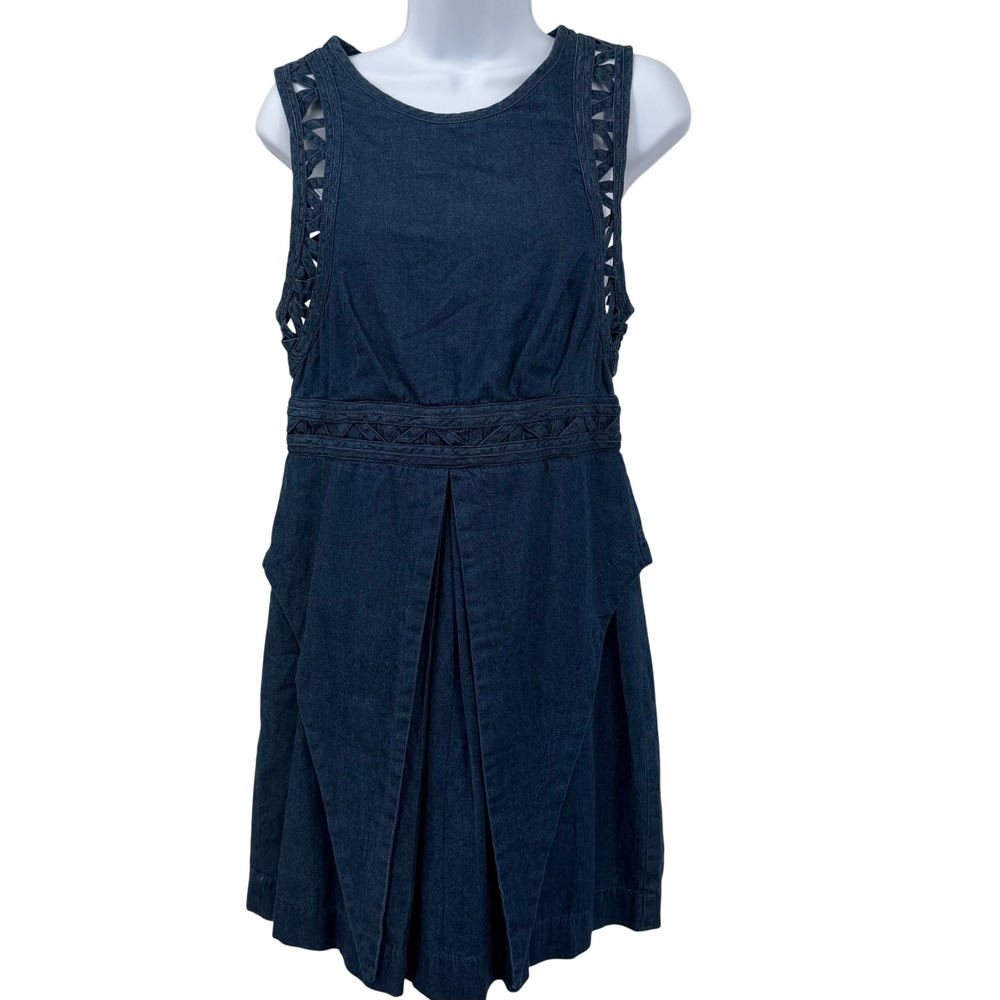 New Romantics Free People Womens 8 Dress Blue Denim Cutout Lattice Mini Boho
